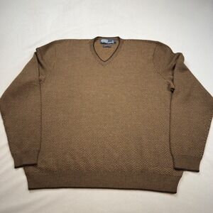 Polo Ralph Lauren Mens XL Brown Herringbone 100% Merino Wool V-Neck Sweater